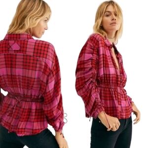 NWT Womens Free People Plaid Button down with adjustable waist
